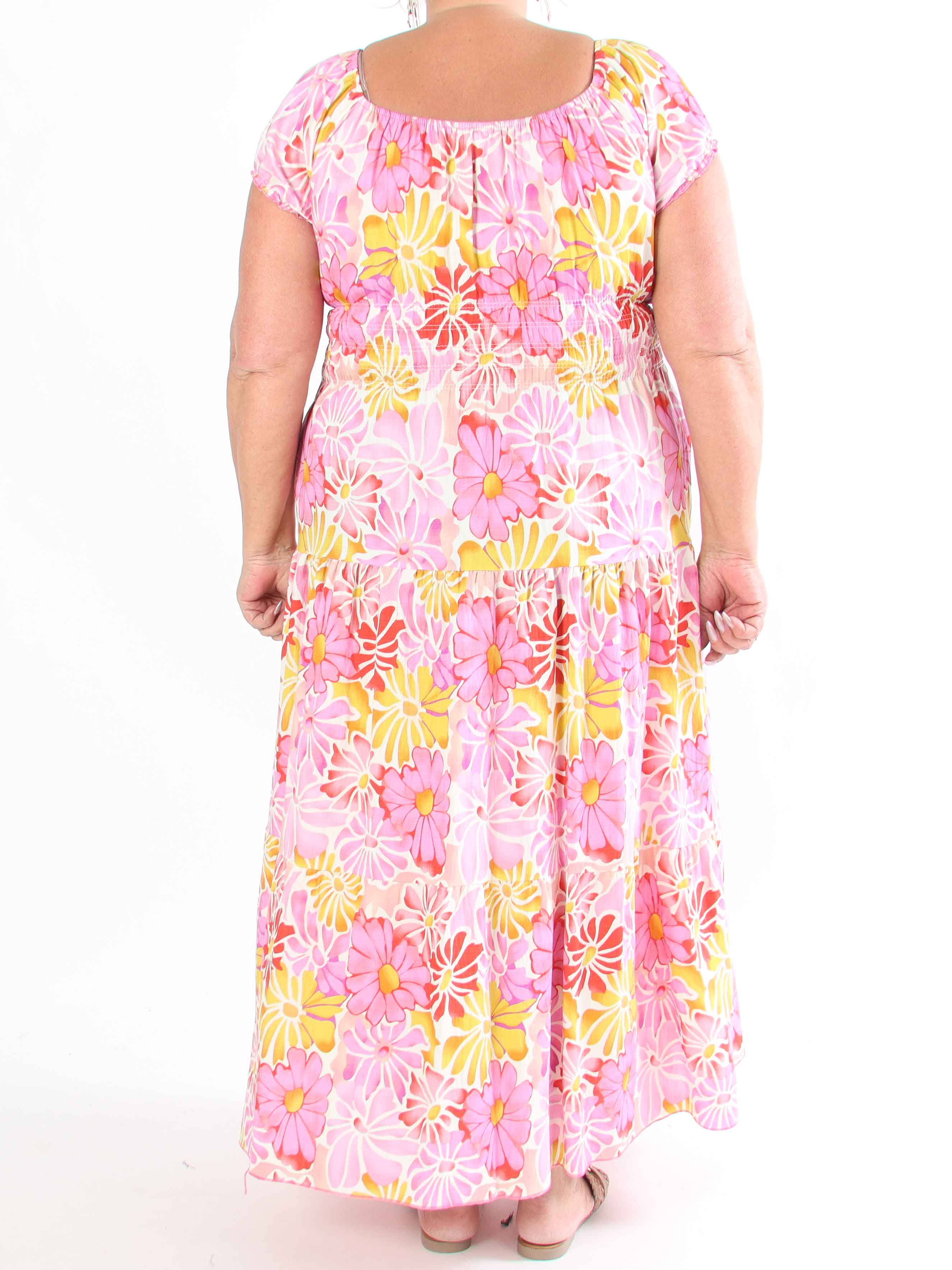 Monica - Plus size-klänning i viskos med smockad midja och puffärmar